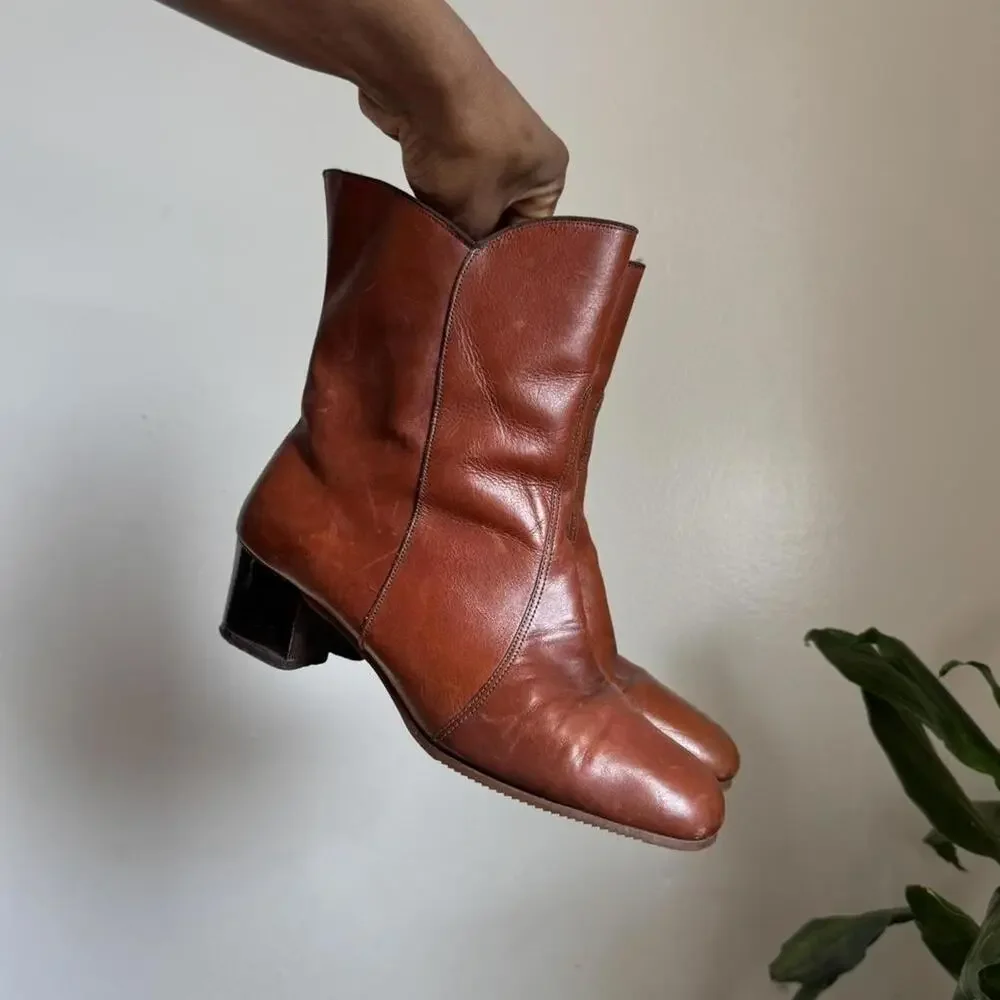 Rare Vintage 70s/80s Cognac Leather Faux Fur‎ Lined Boots -Size 8